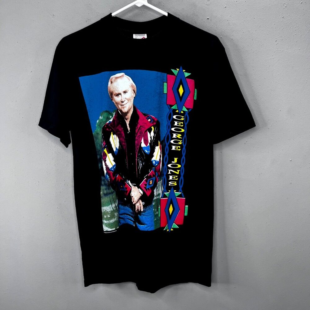 Vintage 90s George Jones Concert T Shirt M Black Cities Aztec High Tech Redneck